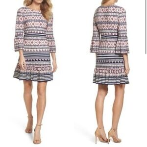 Eliza J Bell Sleeve Flounce Dress Pink Blue Print Size 16 Wedding Guest Dress